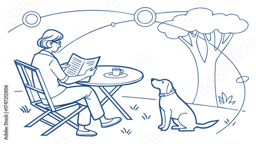 Person, Dog, Garden, Illustration, Relaxed, Peaceful Atmosphere