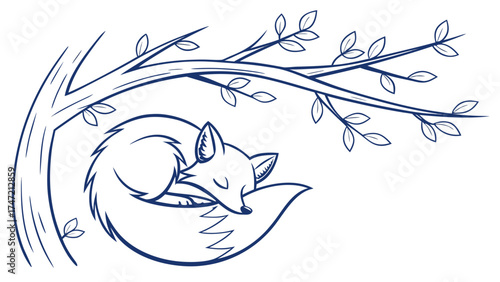 Sleeping Fox Illustration on a Tree Branch in a Tranquil Nature Scene