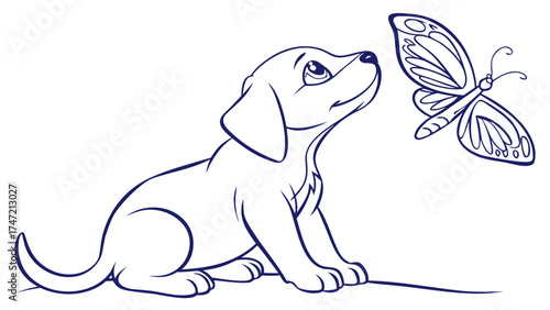 Puppy Watching Butterfly in Nature - Illustration - Playful Scene - Blue Line Vector Art