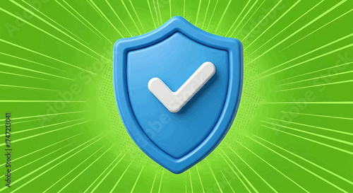 3d blue shield icon, a security badge for cyber safety and data protection, a protection symbol on a comic burst