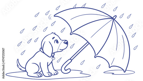 Adorable Puppy Seeking Shelter Under Umbrella in Rainy Day Illustration
