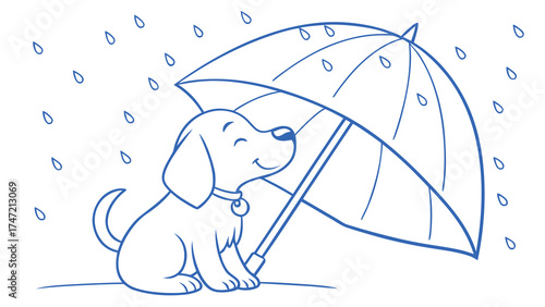Adorable Puppy Enjoying Rain Under Umbrella in Cozy Environment - Illustration