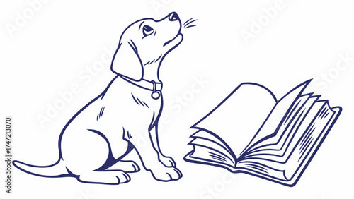 Charming Puppy Gazing at Open Book in Cozy Home Environment, Illustrative Design