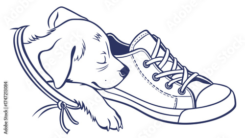 Charming Puppy Napping in a Sneaker - Adorable Animal Illustration on Grass, Playful and Whimsical Scene