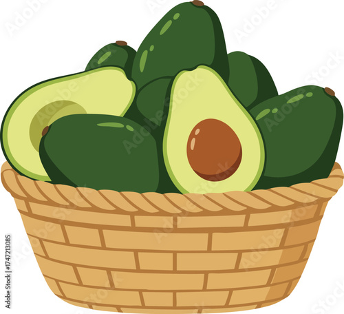 Avocado fruit basket illustration with whole and halved avocados in woven basket natural fresh green food vector 