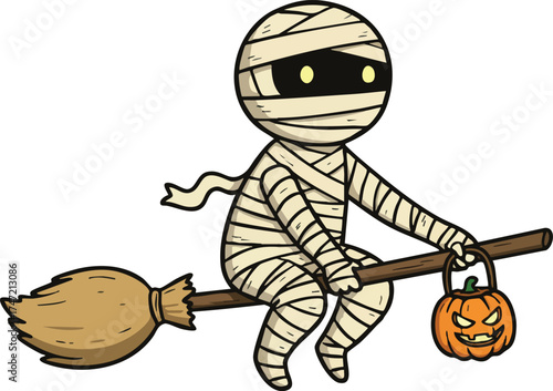 Cute mummy child flying on broomstick with pumpkin lantern Halloween vector illustration 