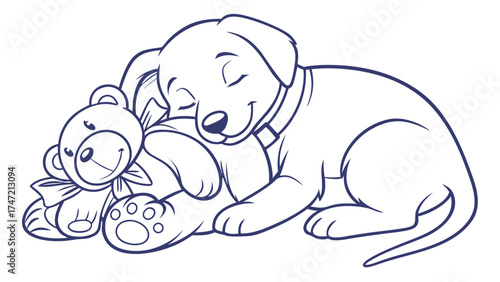 Illustration of a Cute Puppy Sleeping with a Teddy Bear in a Cozy Environment