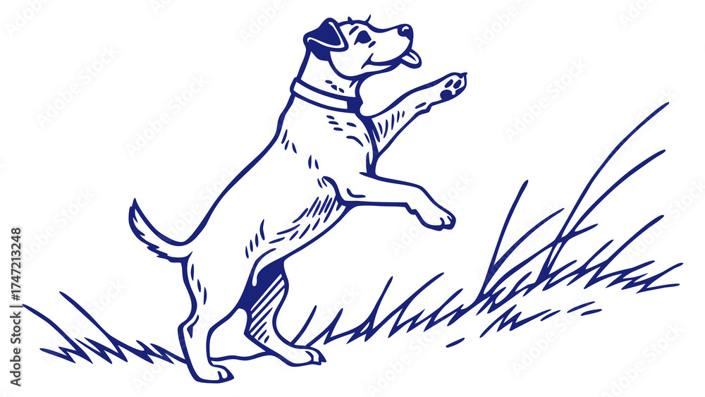 Fototapeta premium Playful Terrier Puppy Illustration in a Green Field, Vector Graphic Design, Outdoor Setting
