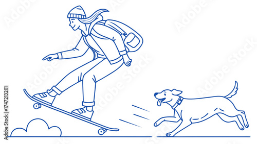 Skateboarding Adventure with a Dog, Urban Park, Vector Illustration, Fun Environment, Dynamic Viewpoint