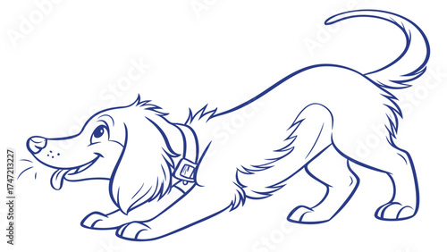 Playful Spaniel Shaking Off Water in a Blue-Line Illustration Style