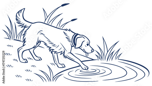 Curious Golden Retriever Dog Approaching Water at Nature Scene - Illustration