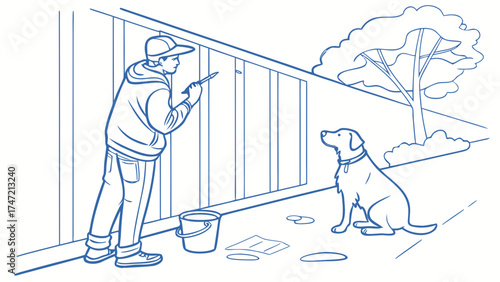 DIY Home Improvement, Painting a Fence, Backyard, Illustration, Outdoor, Side View, Pet-Friendly Environment