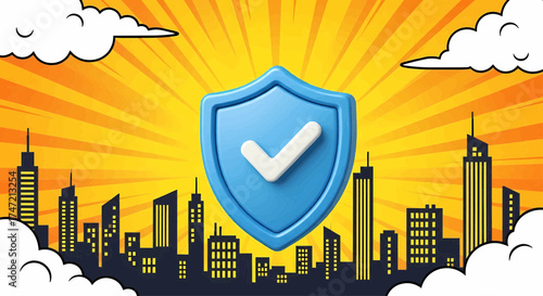 3d blue shield with checkmark for cyber security and data protection. Safe technology concept on pop art background