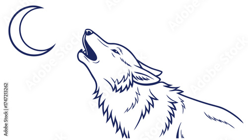 Howling Wolf Silhouette Against Crescent Moon, Nature Illustration, Night Sky, Artistic Viewpoint