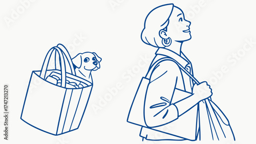 Woman Smiling While Carrying Shopping Bags and Dog in Tote, Outdoor Lifestyle, Illustration, Cheerful Environment