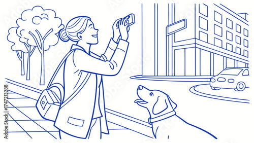Woman Taking Photo with Dog in Urban Setting | Lifestyle Illustration | Blue Line Art