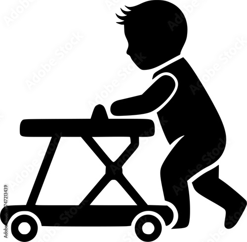 Baby walking with walker, Baby walking walker silhouette, Toddler walking walker, Toddler walking walker vector 