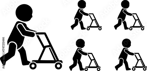 Baby walking with walker, Baby walking walker silhouette, Toddler walking walker, Toddler walking walker vector 