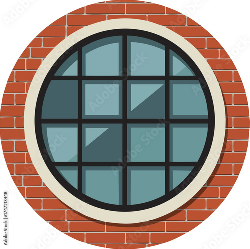 Round brick wall window with black grid and blue glass vector illustration in flat design style 
