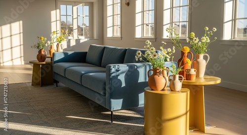 Golden Hour Sunlight Bathes Modern Living Room Highlighting Teal Sofa Minimalist Decor and Floral Vases.