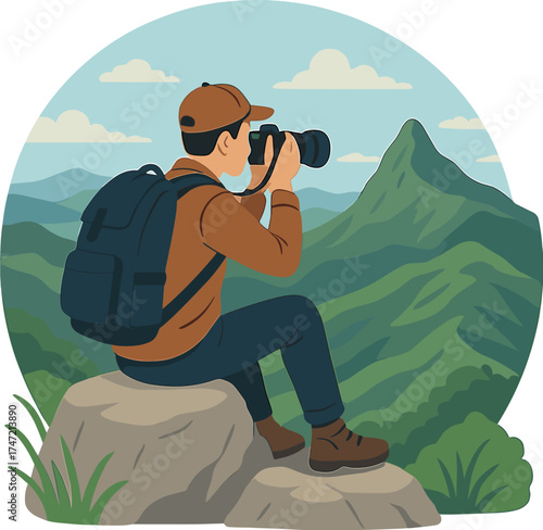 A traveler sits on a rock, holding a camera, and takes a photo of the Doi Pha Mon mountains in Chiang Rai, Thailand