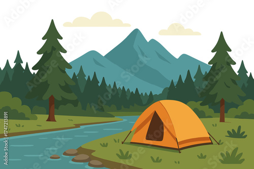 Un entorno natural abierto con un bosque rodeado de montañas y un río, junto a una tienda de campaña en un campamento de aventura y recreación, mientras se viaja y se explora el mundo