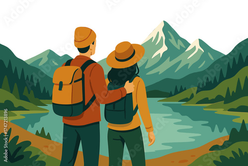 A traveling couple gazes at a mountain lake, embodying an active, team-oriented lifestyle while exploring the Austrian mountain region—an adventurous travel image