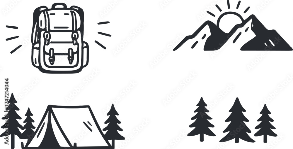 Naklejka premium A set of written phrases, slogans, or quotes adorned with travel and adventure motifs—backpacks, mountains, camping tents, forest trees—presented as a creative black‑and‑white vector illustration