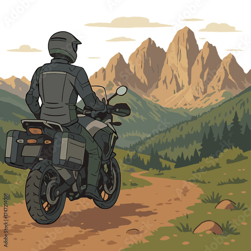 Back view of a stylish biker in full gear riding an adventure touring motorcycle on a dirt road, looking toward the distant Dolomites from the summit, travel concept with copy space