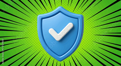 Cyber safety and data protection with a 3d blue shield icon, a security badge with checkmark on a pop art background