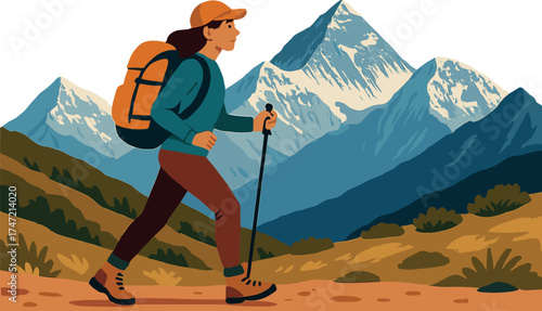 A young woman trekking through Sagarmatha National Park on the Everest Base Camp route in Nepal