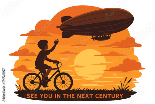 Farewell until the next century; a child on a bicycle waves goodbye to the airship at sunset, rendered in digital illustration style