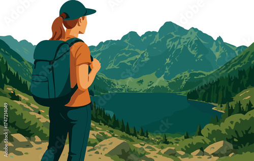 A backpacking tourist woman stands atop the mountain, taking in the stunning view of Morskie Oko lake and surrounding Tatry peaks, enjoying hiking, travel, and adventure in Poland
