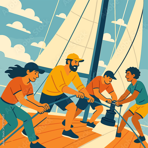 A lively crew enthusiastically collaborating aboard a sailboat, embodying teamwork and adventure beneath a clear blue sky dotted with fluffy clouds