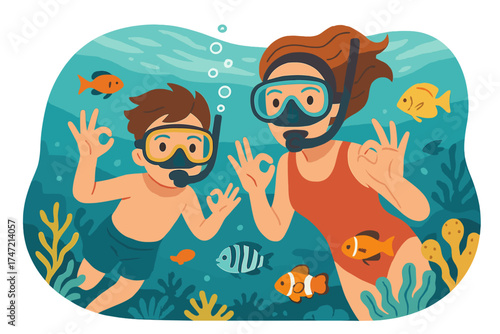 A joyful family—mother and child in a snorkeling mask dive beneath the sea, surrounded by tropical fish in a coral reef pool, with hand gestures indicating “OK,” capturing a beach adventure during a