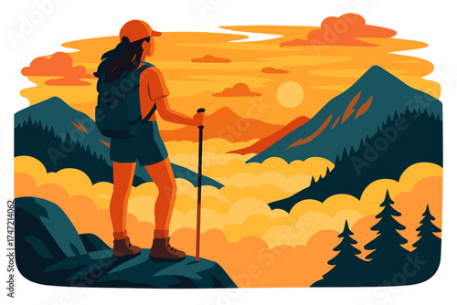 A daring woman hiker stands atop a cloud‑shrouded peak at a vivid summer sunset, captured from St Mark's Summit in West Vancouver, British Columbia, Canada