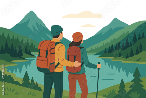 A couple of travelers gaze at a mountain lake, embracing an active travel lifestyle with their team, and seeking adventure in Austria's mountainous region