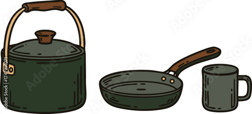 Kitchen cookware set including kettle frying pan and mug in dark green with wooden handles vector illustration 