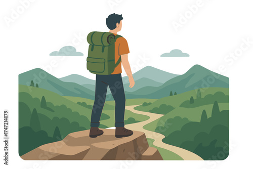 A backpacking traveler or explorer stands atop a mountain or cliff, gazing into a valley, embodying discovery, exploration, hiking, adventure tourism, and travel in a flat vector illustration