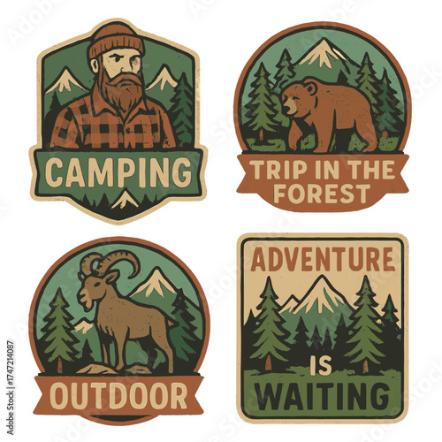 A camping emblem and tags showcasing mountains, a lumberjack, a brown bear, a mountain goat, and pine trees; a forest trip awaits with outdoor adventure, colorful badges on a chalkboard, and