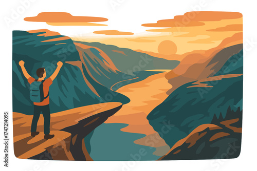 A joyful man with raised hands stands on the edge of Trolltunga cliff, enjoying an adventurous Norwegian vacation amid sunset mountains and a sweeping aerial landscape