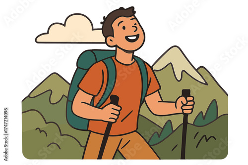 A smiling young man hikes up a mountain, gazing upward