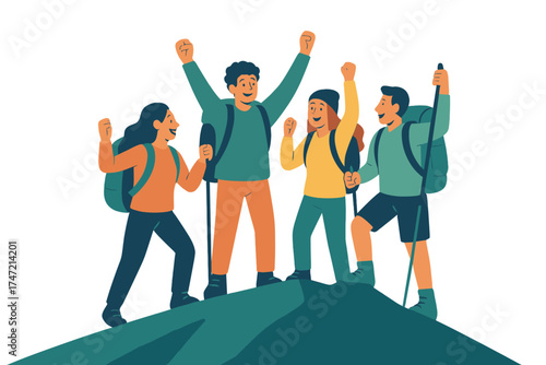 Four young friends on a hiking tour trek together, reach the mountain summit, and cheer in 4K footage celebrating friendship and achievement