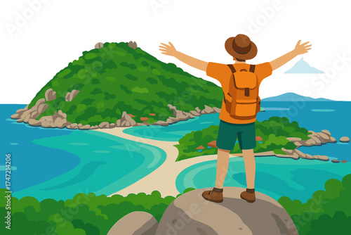 A traveler enjoys a scenic vacation on Koh Nang Yuan, Thailand's top island attraction, experiencing beautiful nature, fun, and joy during a summer holiday in Asia