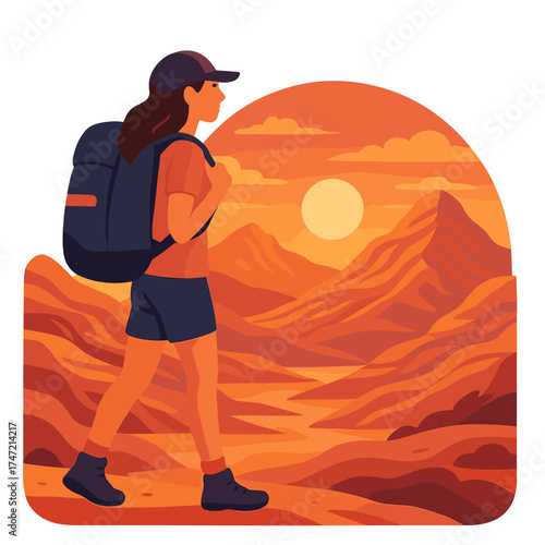 A woman trekking across a vibrant sandstone mountain scene at sunset