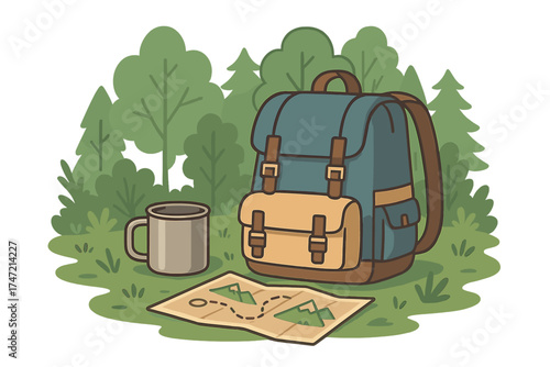 A tourist’s backpack, metal mug, and map lie in the forest, evoking the idea of a hiking adventure in woodland or mountainous terrain