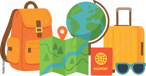 A banner featuring travel and tourism motifs, including colorful items such as a backpack, suitcase, map, and globe, with space for text, set against a summer holiday backdrop in a flat colored