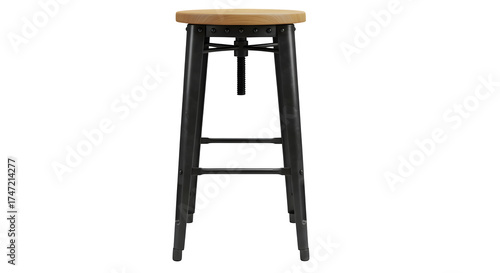 Metal and Wood Bar Stool stands in front-facing view against black background. Illustrates furniture, interiors, design, architecture.