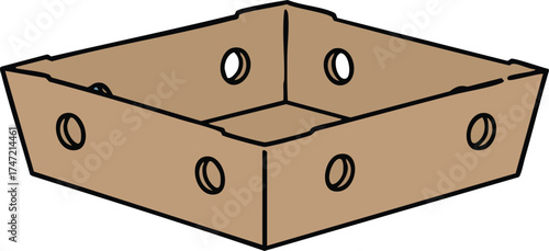 Rectangular cardboard tray with ventilation holes simple packaging container vector illustration 