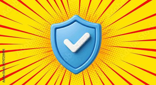 Cyber security emblem and technology protection concept with a 3D blue shield icon on a colorful comic burst